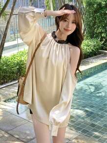 Solid Cold Shoulder Blouse - Apricot - View 1