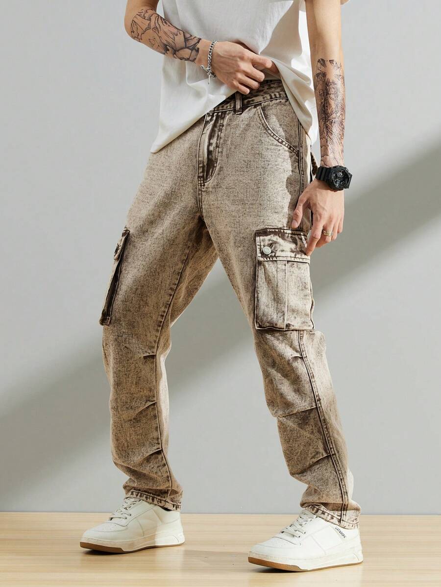 Manfinity Nam Túi nắp bên cạnh Quần jean chở hàng - màu nâu - Xem 1