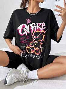 SHEIN Coolane 熊和標語圖案落肩袖超大號T恤 - 黑色 - 查看 1