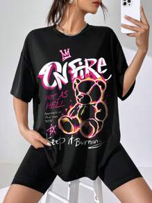 SHEIN Coolane 熊和標語圖案落肩袖超大號T恤 - 黑色 - 查看 6