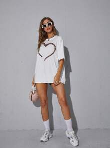 SHEIN LUNE 愛心圖案落肩T恤 - 白色 - 查看 4