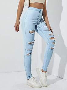 Ripped Skinny Jeans - Light Wash - View 1