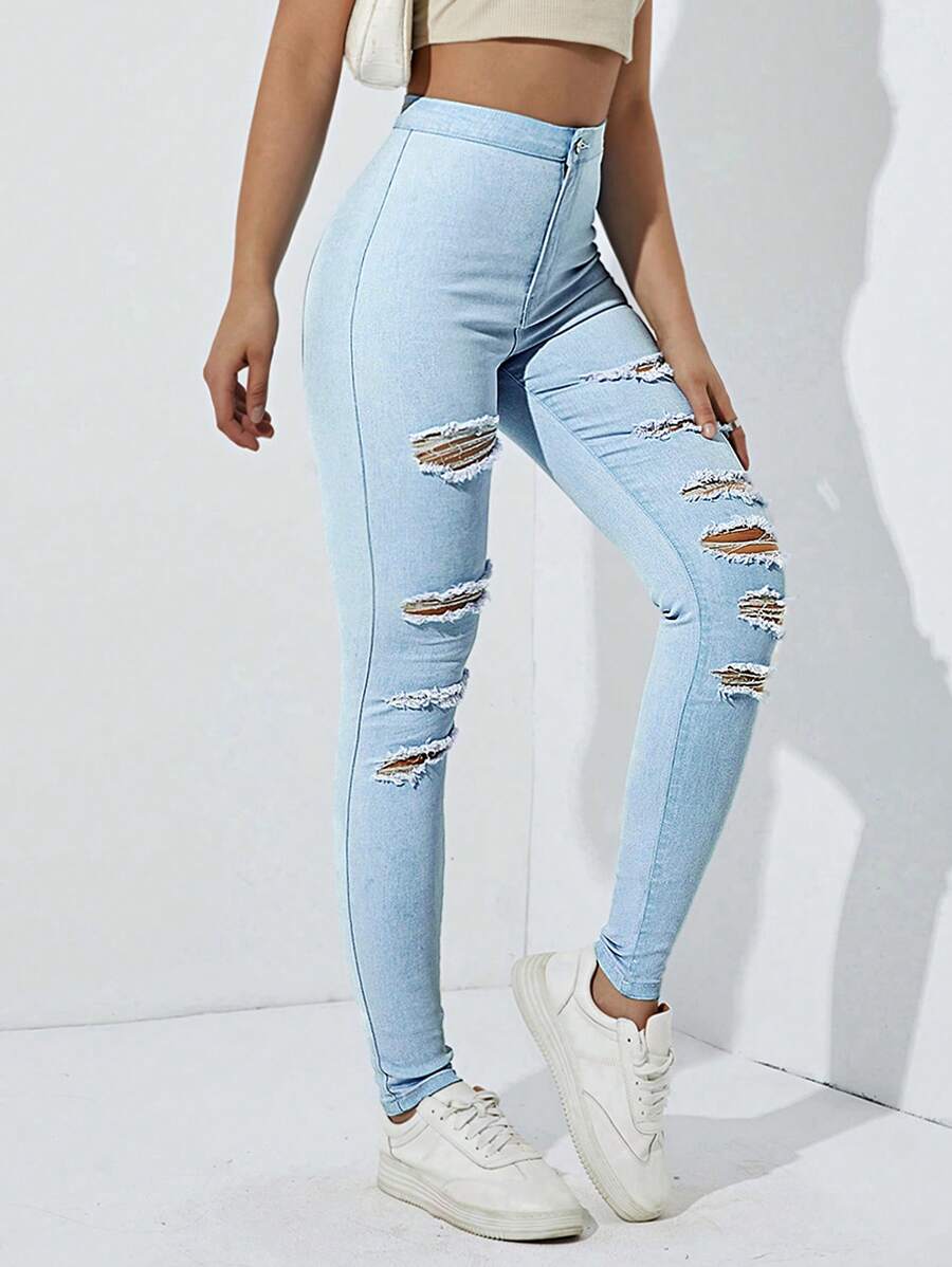 Ripped Skinny Jeans - Light Wash - View 1