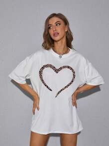 SHEIN LUNE 愛心圖案落肩T恤 - 白色 - 查看 6