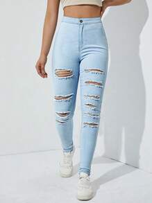 Ripped Skinny Jeans - Light Wash - View 5