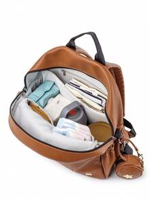 Baby Solid PU Diaper Bag With Pacifier Bag - Brown - View 5