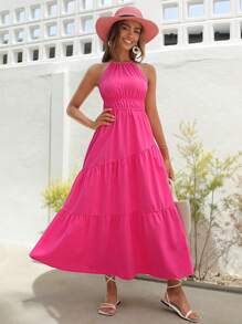 SHEIN VCAY 素色荷葉邊掛脖連衣裙 - 玫紅色 - 查看 1