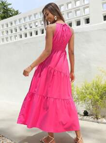 SHEIN VCAY 素色荷葉邊掛脖連衣裙 - 玫紅色 - 查看 2