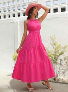 SHEIN VCAY 素色荷葉邊掛脖連衣裙 - 玫紅色 - 查看 3