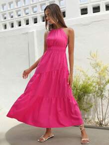 SHEIN VCAY 素色荷葉邊掛脖連衣裙 - 玫紅色 - 查看 4