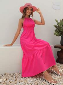 SHEIN VCAY 素色荷葉邊掛脖連衣裙 - 玫紅色 - 查看 5