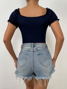 Chiquease Sweetheart Neck Ruched Frill Trim Puff Sleeve Crop Tee - Navy Blue - View 2