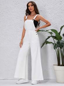 SHEIN Petos mezclilla con diseño de botón de pierna ancha sin top - Blanco - Ver 1