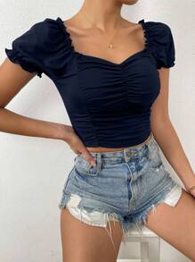 Chiquease Sweetheart Neck Ruched Frill Trim Puff Sleeve Crop Tee - Navy Blue - View 3
