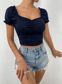 Chiquease Sweetheart Neck Ruched Frill Trim Puff Sleeve Crop Tee - Navy Blue - View 4