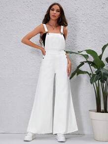 SHEIN Petos mezclilla con diseño de botón de pierna ancha sin top - Blanco - Ver 3