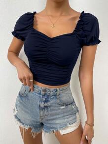 Chiquease Sweetheart Neck Ruched Frill Trim Puff Sleeve Crop Tee - Navy Blue - View 5