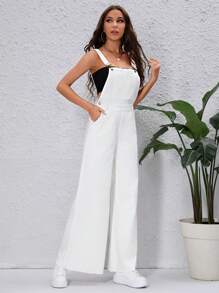 SHEIN Petos mezclilla con diseño de botón de pierna ancha sin top - Blanco - Ver 4