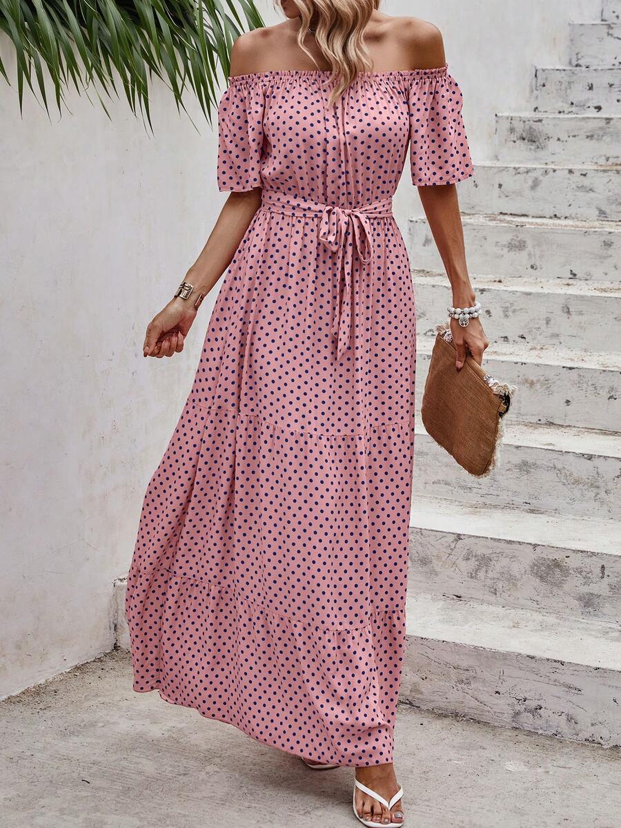 EMERY ROSE Đầm Thắt lưng Viên lá sen Chấm bi Giải trí - Bụi hồng - Xem 1