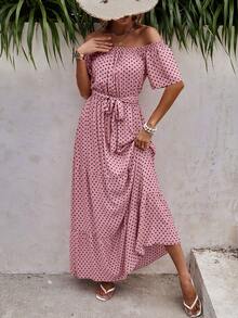 EMERY ROSE Đầm Thắt lưng Viên lá sen Chấm bi Giải trí - Bụi hồng - Xem 3