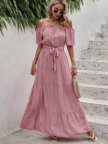 EMERY ROSE Đầm Thắt lưng Viên lá sen Chấm bi Giải trí - Bụi hồng - Xem 4