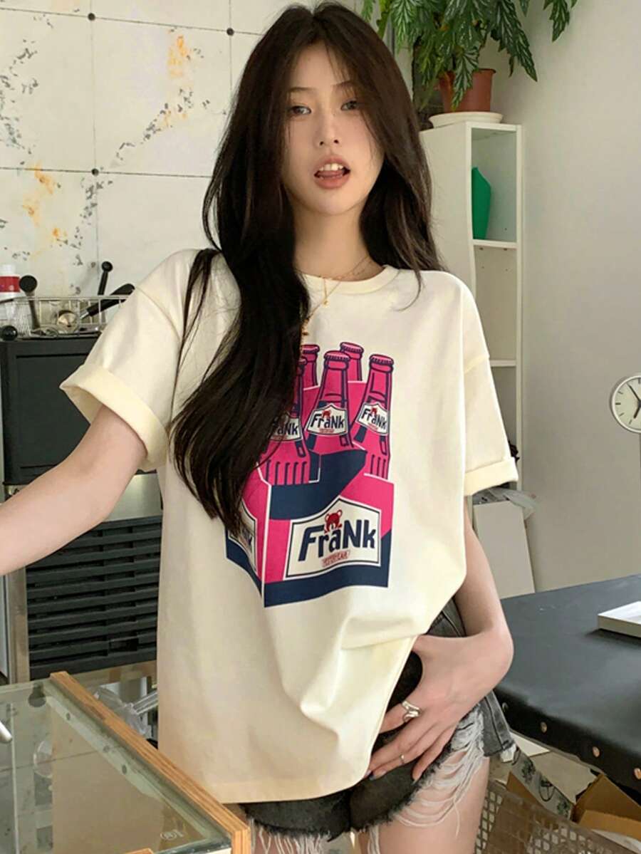 Letter Graphic Drop Shoulder Tee - Apricot - View 1