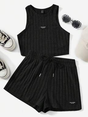 SHEIN EZwear 春夏黑色宽罗纹字母贴花背心和抽绳腰短裤休闲针织套装