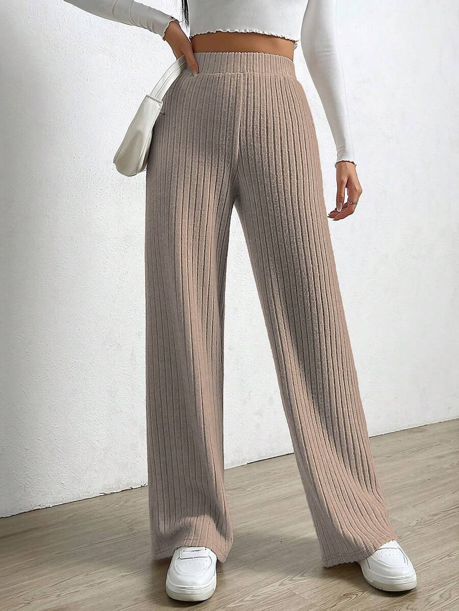 SHEIN EZwear 高腰條紋針織直筒褲 - 中紫紅色 - 查看 1