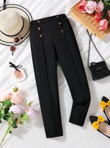 SHEIN Girls Button Front Seam Detail Trousers - Black - View 4