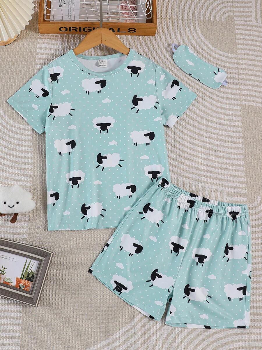 Girls Polka Dot & Cartoon Graphic PJ Set - Blue - View 1