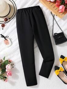 SHEIN Girls Button Front Seam Detail Trousers - Black - View 2