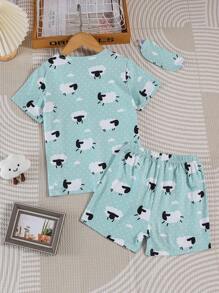 Girls Polka Dot & Cartoon Graphic PJ Set - Blue - View 2