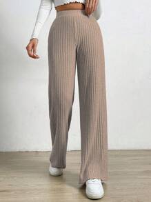 SHEIN EZwear 高腰條紋針織直筒褲 - 中紫紅色 - 查看 3