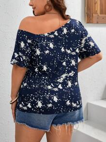 SHEIN LUNE Plus Leopard & Figure Graphic Asymmetrical Neck Tee For Summer - Navy Blue - View 2