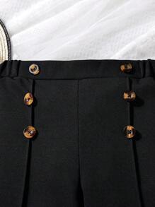 SHEIN Girls Button Front Seam Detail Trousers - Black - View 7