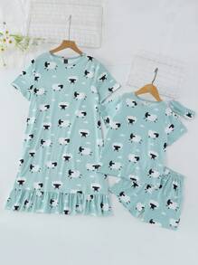 Girls Polka Dot & Cartoon Graphic PJ Set - Blue - View 3