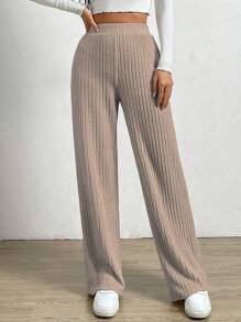 SHEIN EZwear 高腰條紋針織直筒褲 - 中紫紅色 - 查看 4
