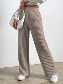 SHEIN EZwear 高腰條紋針織直筒褲 - 中紫紅色 - 查看 5