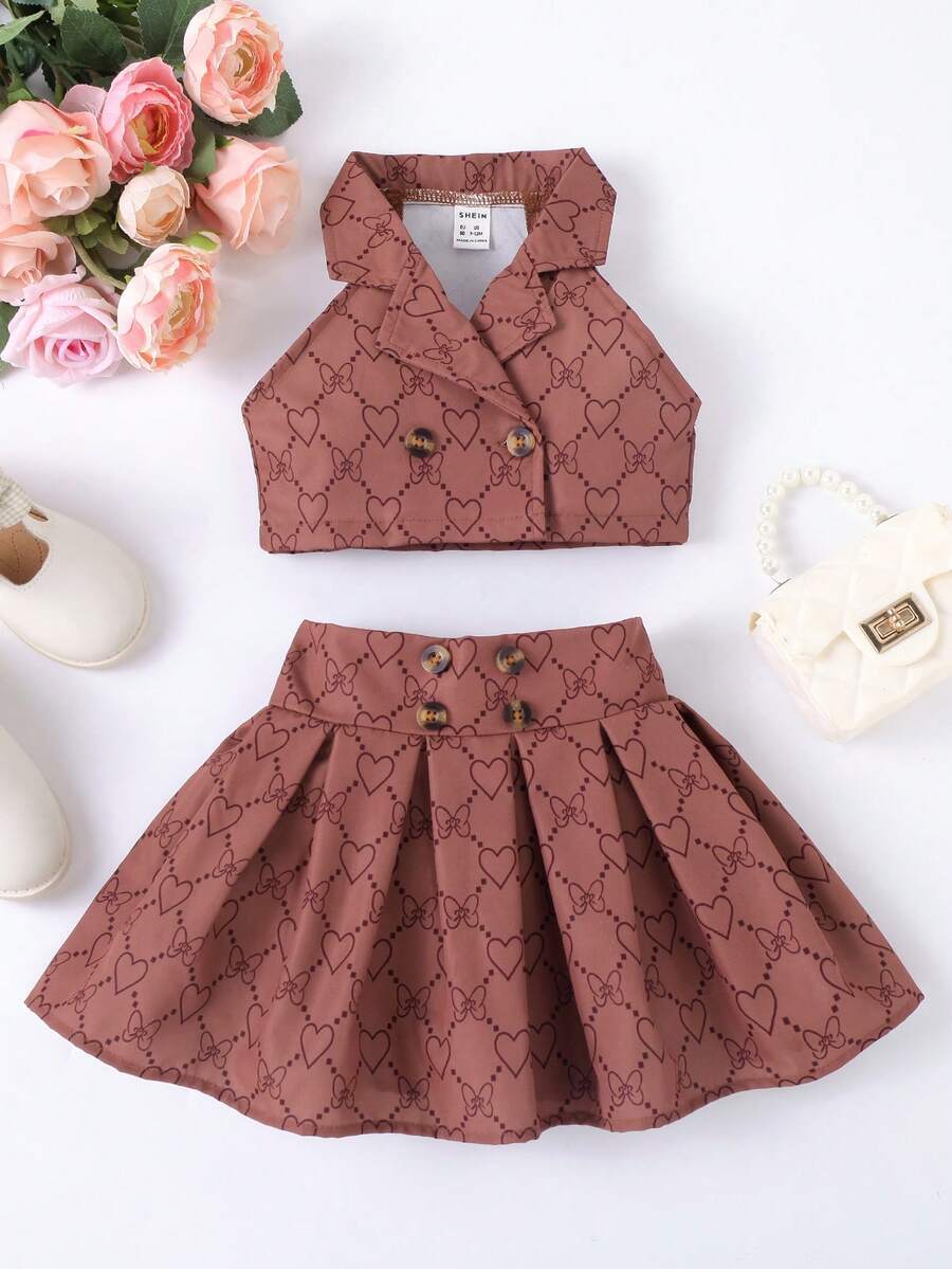 SHEIN 嬰兒心形和蝴蝶結圖案西裝領上衣和褶皺裙子套裝 - 棕色 - 查看 1