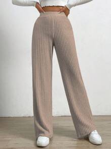 SHEIN EZwear 高腰條紋針織直筒褲 - 中紫紅色 - 查看 6
