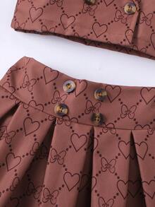 SHEIN 嬰兒心形和蝴蝶結圖案西裝領上衣和褶皺裙子套裝 - 棕色 - 查看 4