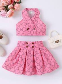 SHEIN Baby Girl Heart & Bow Print Lapel Neck Top & Fold Pleated Skirt Set - Pink - View 1
