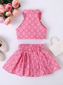 SHEIN Baby Girl Heart & Bow Print Lapel Neck Top & Fold Pleated Skirt Set - Pink - View 2