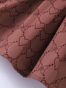 SHEIN 嬰兒心形和蝴蝶結圖案西裝領上衣和褶皺裙子套裝 - 棕色 - 查看 6