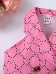 SHEIN Baby Girl Heart & Bow Print Lapel Neck Top & Fold Pleated Skirt Set - Pink - View 3