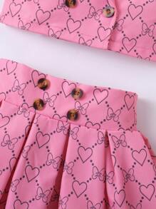 SHEIN Baby Girl Heart & Bow Print Lapel Neck Top & Fold Pleated Skirt Set - Pink - View 5