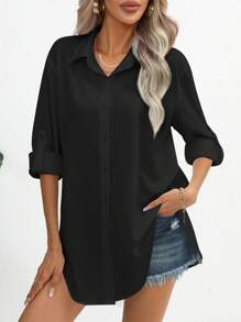SHEIN Essnce Áo sơ mi nữ Nút phía trước màu trơn Giải trí - màu đen - Xem 1
