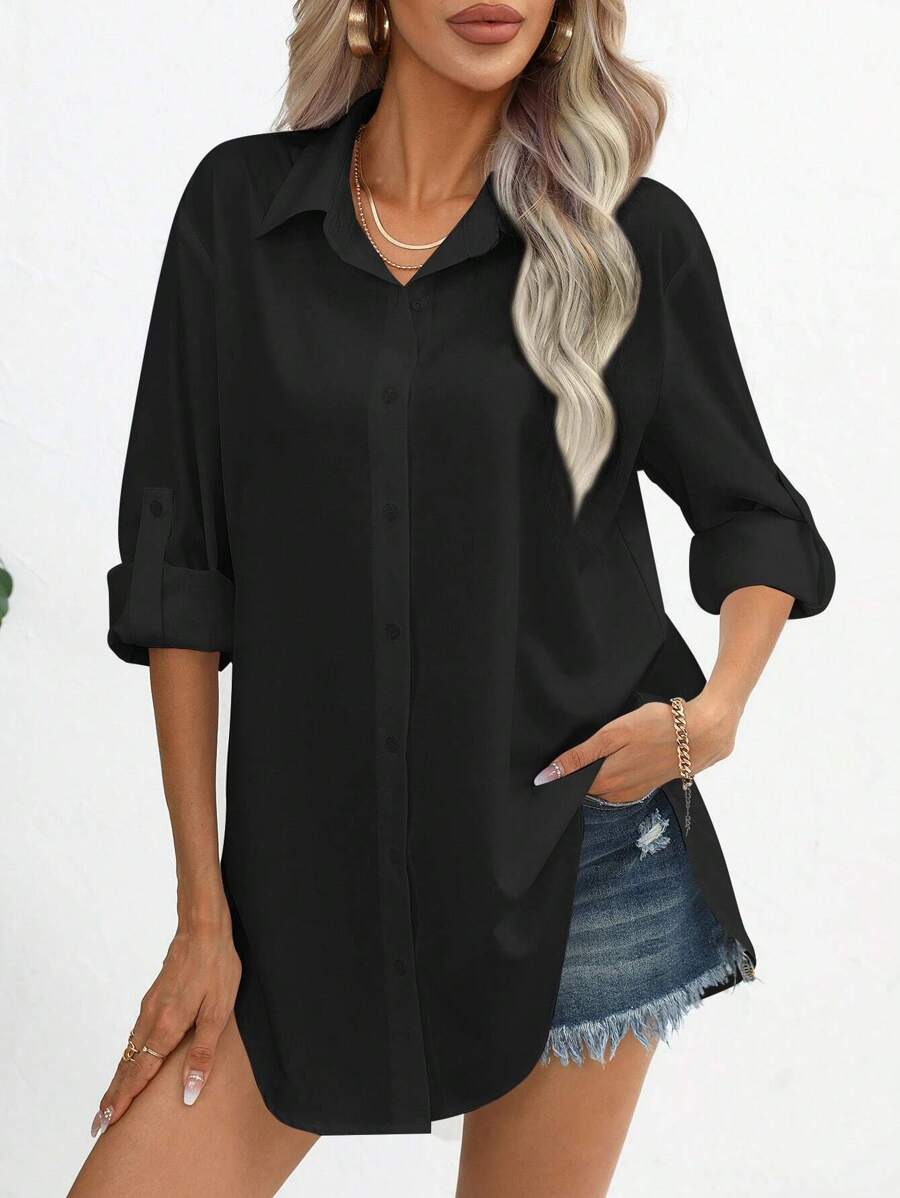 SHEIN Essnce Áo sơ mi nữ Nút phía trước màu trơn Giải trí - màu đen - Xem 1