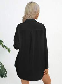 SHEIN Essnce Áo sơ mi nữ Nút phía trước màu trơn Giải trí - màu đen - Xem 2