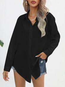 SHEIN Essnce Áo sơ mi nữ Nút phía trước màu trơn Giải trí - màu đen - Xem 3